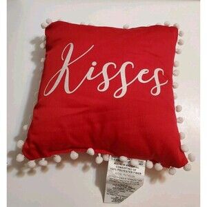 Kisses Valentine's Day Romantic Gift Pillow W/ White Pom Poms Stratford Home